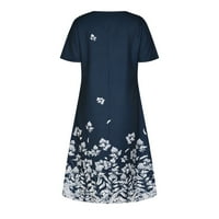 Долги фустани за жени трендовски каузално копче V вратот Кратки ракави плажа измиштена со џебови цветни линиски миди фустан