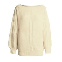 хаксмноу женски пуловер ракав со еден збор со долги ракави со еднобоен џемпер со цврста боја беж м