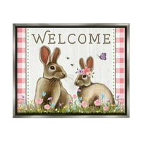 Ступела добредојде карирана пролетна градина зајаци празнично сликарство, сив плови, врамена уметничка печатена wallидна уметност