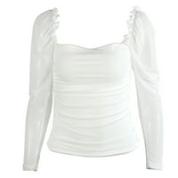 Женски врвови женски модни мрежи чиста ракав квадратни вратот на врвот на ракав, тенок блуза бела м