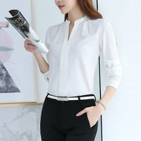 Лабакиха женски кошули Жени Кратка Канцелариска Работа Носете В Кошули За Вратот Обични Врвови Со Долги Ракави Блуза Бела XL