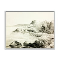 Црно -бело езерото брегот врамени цртеж платно уметничко печатење