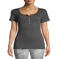 Време и време женски ребрести маица Хенли со кратки ракави
