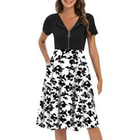 Womenенски летен цветен печатен фустан обичен патент со џебови линија миди забава винтиџ замав на разгорен обичен фустан