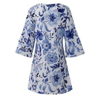 Фустани За Жени Мода V-Вратот Ракав Висок Половината Лето Мини А-Линија Сино Печатени Фустан XL