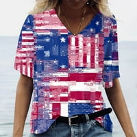 Денот на женската модна лежерна лабава независност Печатен краток ракав V врат маица врвот S-5XL