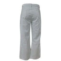 Womenенски копче со високи половини џебови со цврста боја фармерки Панталони лабави панталони за кревање плус големина истегнување