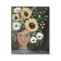 Девојка од студ индустрии, облечена во цветна круна, жолта бела цветница, сликарска галерија, завиткана од платно, печатена wallидна уметност, дизајн од Аманда Хилбур