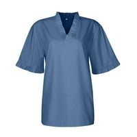 Женски врвови на блуза со цврста боја на Хенли, лабава женска кошули со краток ракав лето сино л