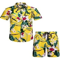 Машка Хаваи Кошула Одговара На Мода Печатени Копче Надолу Краток Ракав Кошула + Плажа Шорцеви Во Собата