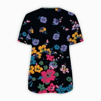 Кошули со краток ракав за жени трендовски поштенски zip v-врат Краток ракав цветен лист блуза летни обични врвови црни l