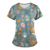 Umитај Жените Мода Велигден Печатење V-Вратот Краток Ракав Работна Облека Со Џебови Врвови дами блузи и блузи