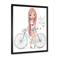 DesignArt „Млада жена со велосипед“ детска уметност врамена уметност