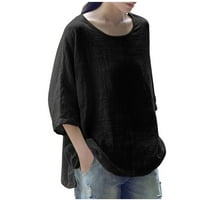 Женска Мода Солидна Круг-Вратот Лабава Ракав Маица Пуловер Блузи Црна 6