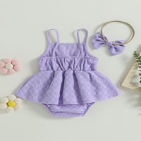 Тајсу Бебе Девојки Летен Секојдневен Ромпер Фустан, Виолетова Шаховска Табла За Печатење Без Ракави + Лента За Глава
