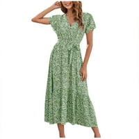 Летни најважни работи Otemrcloc hartенски кратки ракави за ракави V-врата цветни фустани лето сонце фустан за жени случајно зелено l