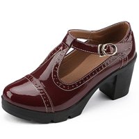 Женска Мери Џејн Пумпа Блок Пета Платформа Оксфордс Кожени Чевли-Удобно Мода Т-Ремен Лакирана Кожа Вино Црвена Големина САД