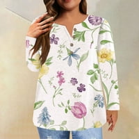 Crowngten женски плус големина мода мода на ново копче јака маица со долги ракави цвет печатени обични врвови преголеми маици