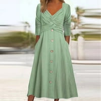 Оалиро Обични Летни Фустани V Вратот Долг Ракав Копче Фустан За Жени Колено-Висока Зелена