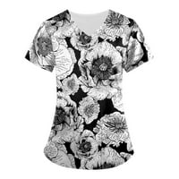 Штрунгтен Женски Цветни Печатење Краток Ракав V - Вратот Блузи Работна Униформа Џеб Блуза преголеми маици за жени