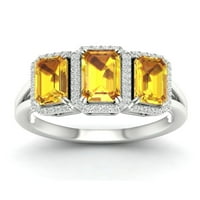 Империјал скапоцен камен 10К бело злато смарагд исечен цитрин КТ два дијамантски три камени ореол женски прстен