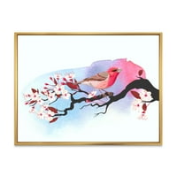 DesignArt 'Пинк птица што седи на цреша гранка' Традиционална врамена платно wallидна уметност печатење