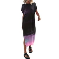 Летни Фустани За Жени До Глуждот Мода Со Кратки Ракави А-Линија Печатена Тркалезна Деколте Фустан Светло Виолетова 2XL