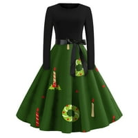 Божиќен фустан за печатење на одблесокот за жени со долги ракави фустани, обични фустани Божиќна темно зелена м