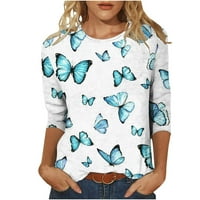 Женски врвови случајни, женски ракави блузи симпатични кошули за печатење пеперутка, екипаж, лабава лесна лесна врвови за пулвер