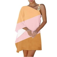 Женска Пролетна Мода Фустан Со Едно Рамо Трендовски Летен Ракав Во Боја Блок За Печатење Плажа Сарафан Лабава Неправилна Полите