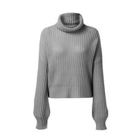 Kali_store плетен џемпер за жени женски истегнат плетенка од желка врат со долг ракав џемпер сива, с, с