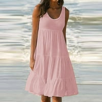 Женски Моден Празник Лето Еднобојна Забава Без Ракави Фустан На Плажа
