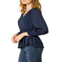 Women'sенски рафлени долги ракави за мафини V вратот цврста боја блуза