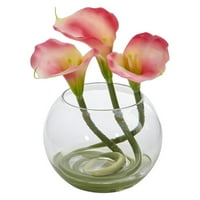 Скоро природно 9 Кала Лили вештачки цветен аранжман во заоблена стаклена вазна, жолта