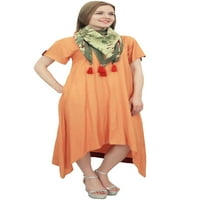 Бимба Женски Обични Кратки Ракави Асиметричен Портокалов Полите Фустан Со Шамија-24