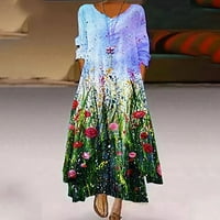 Мода Обични Жени Обични Долги Ракави V-Вратот Цветни Печатени Неправилни Долги Фустани Се Облекуваат Секојдневни Пријатни Есенски