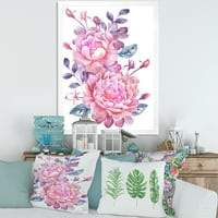 DesignArt 'розови ретро цвеќиња со сини лисја на бело' традиционално врамен уметнички принт