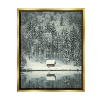 Снежна шумска колиба рефлексија пејзаж сликарство металик злато врамено уметничко печатење wallид уметност