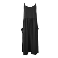 FOPP продавач на женски летен моден џеб со долги здолништа со цврста боја V-врат со суспензија без ракави, не-прилагодлив каиш фустан, црна xxl