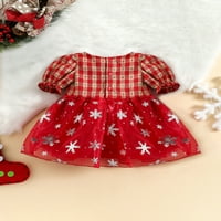 Меихуида Мали Девојчиња Божиќен Фустан Со А-линија Со Кратки Ракави Снегулка Печатење Кариран Крпеница Фустан