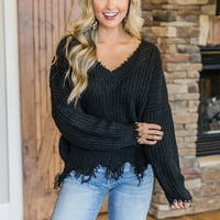 Женски Обичен Плетен Пуловер Џемпер Врвови Со Долги Ракави Блуза Џемпер Тиеток