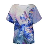 Женски Блузи Блуза Печатени Краток Ракав Обичните Жени Лето Хенли Маици Сина XL