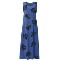Женски летни обични лабави цветни печатени печатени санки со ракави без ракави, макси фустани со џебни сини s