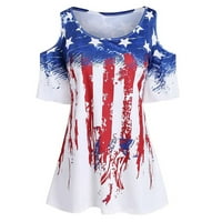 Летна блуза женска мода надвор од рамо starвезда американска кошула за печатење на знамиња, обичен врвен блуза дами Топ Црвен С.