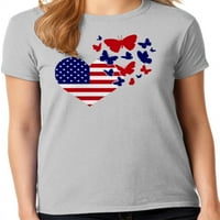 Американска збирка на срце со знаме женска 4 -ми јули Патриотска САД дама графичка маица - пеперутки