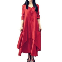 Фустан за маички со маички Егуивин, женски пролет и есенски одмор Две уметност Фла лабава ракав фустан со долг ракав фустан црвен 3XL