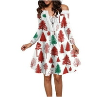 симоидни Фустани За Жени-Секојдневен Божиќен Печатен Фустан Со Долг Ракав Надвор Од Рамото Колено За Забава Мини Фустан Црвен XL