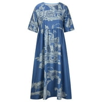 QiaoCaity Womenените фустани летни модни цветни печатени копчиња колено должина фустани со џебни деколте со кратки ракави фустани,