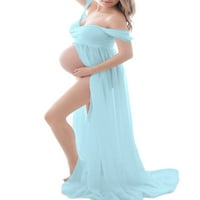 Породилен Фустан За Фотографија Шифонска Наметка Надвор Од Рамото Напред Поделени Долги Фустани За Бременост За Фотосесија