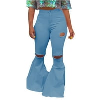 вендунид фармерки за жени жени дама мода дупка патент широк нога панталони подигање намалување панталони фармерки панталони светло сина